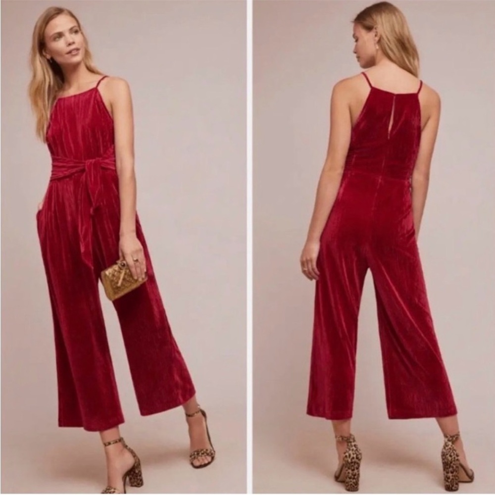 Anthropologie Greylin Red Wine Evelyn velvet tie jumpsuit (S)